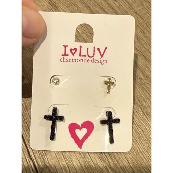 2 Pairs Cross Earrings Black Rhinestone Gold Tone and Diamond Stud Earrings 4PC - Picture 3 of 8